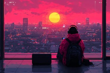 Gamer sitting at an airport