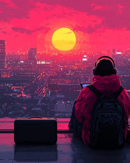 Gamer sitting at an airport